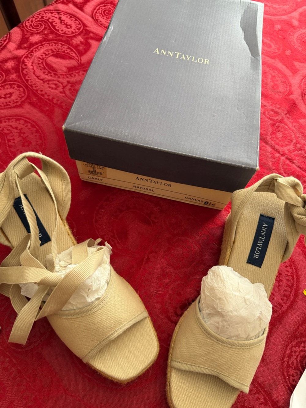 Ann Taylor Carly Natural Canvas Espadrille Sandals with Wrap Ties - Beige